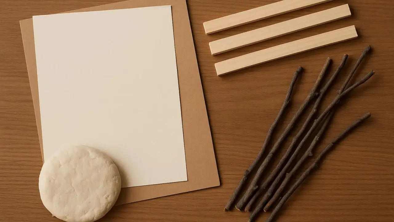 Materiały do stworzenia ramki z papieru: papier, masa plastyczna, patyczki i listewki.