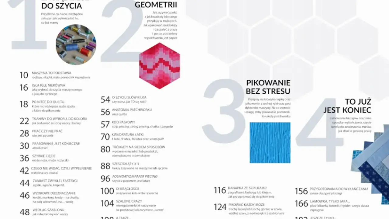 Patchwork to sztuka tworzenia z kawałków materiału. Zobacz, jak zszywać paski, kwadraty, trójkąty i sześciokąty.