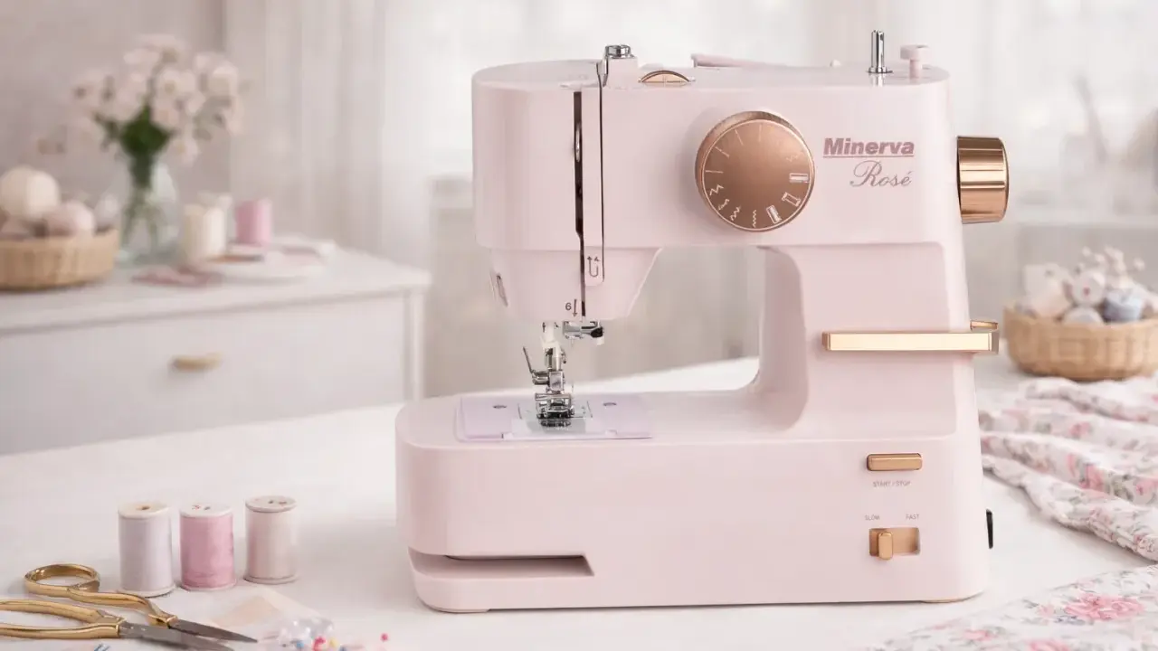 Różowa maszyna do szycia Minerva Rosé, gotowa do nauki, jak szyć na maszynie. Obok nici, nożyczki i materiał w kwiaty.