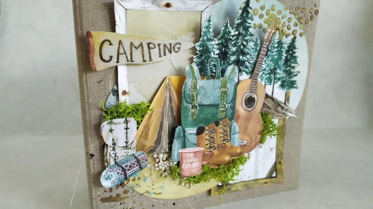 Scrapbooking pomysły na przygodę: plecak, namiot, gitara i buty trekkingowe. Idealne na wspomnienia z campingu.