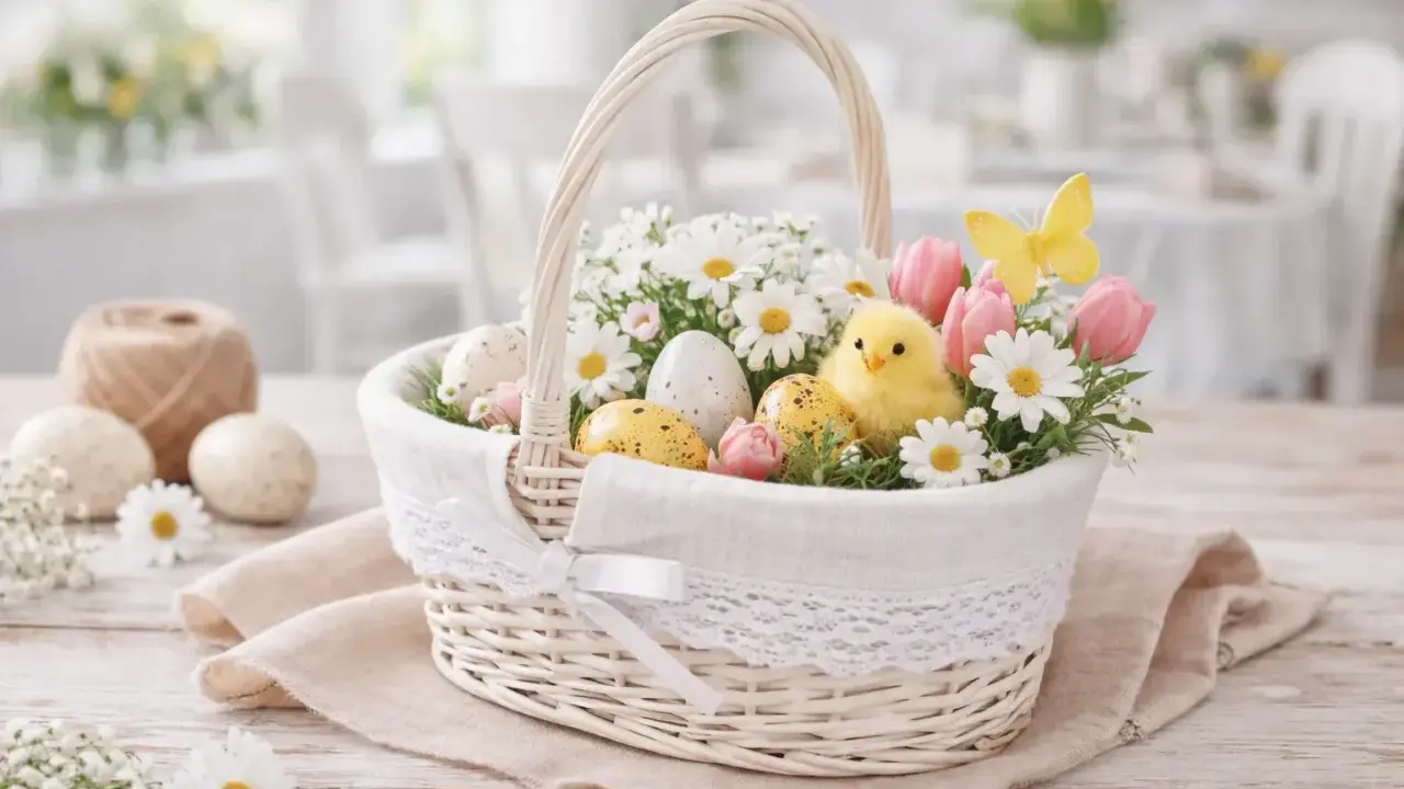 Inspiracja, jak ozdobić koszyczek wielkanocny: uroczy kurczaczek, pisanki, tulipany i stokrotki w białym, plecionym koszyku.