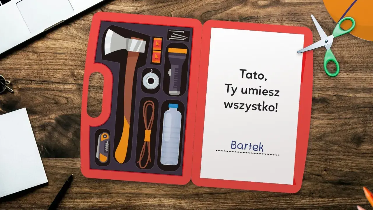 Otwarta kartka urodzinowa dla taty, jak zrobić: zawiera narzędzia i napis "Tato, Ty umiesz wszystko!".