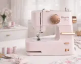 Różowa maszyna do szycia Minerva Rosé, gotowa do nauki, jak szyć na maszynie. Obok nici, nożyczki i materiał w kwiaty.
