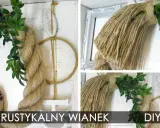 Ręcznie robione cuda ze sznurka jutowego: rustykalny wianek z zielonymi liśćmi i ozdobną ramką.