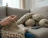 Osoba dzierga gruby koc. Obok leżą kłębki włóczki i kalkulator, pomocne przy szacowaniu, ile włóczki na koc potrzeba.