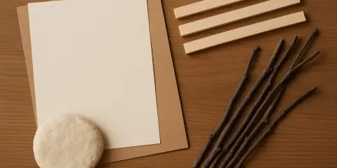 Materiały do stworzenia ramki z papieru: papier, masa plastyczna, patyczki i listewki.