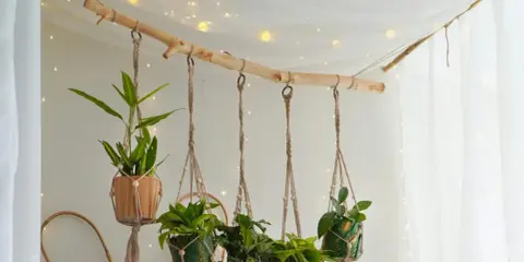 Urocza pierwsza makrama w stylu boho, wieszająca rośliny na gałęzi, ozdobiona światełkami.