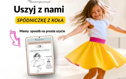 Dziewczynka w żółtej spódniczce z koła wiruje radośnie. Na ekranie telefonu widoczny jest przewodnik szycia tej spódniczki.