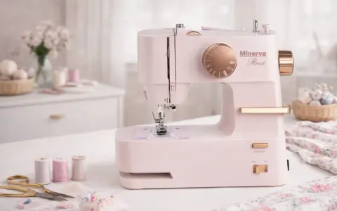 Różowa maszyna do szycia Minerva Rosé, gotowa do nauki, jak szyć na maszynie. Obok nici, nożyczki i materiał w kwiaty.