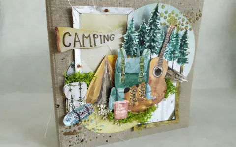 Scrapbooking pomysły na przygodę: plecak, namiot, gitara i buty trekkingowe. Idealne na wspomnienia z campingu.