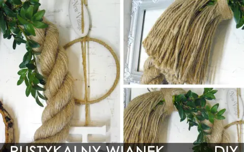 Ręcznie robione cuda ze sznurka jutowego: rustykalny wianek z zielonymi liśćmi i ozdobną ramką.