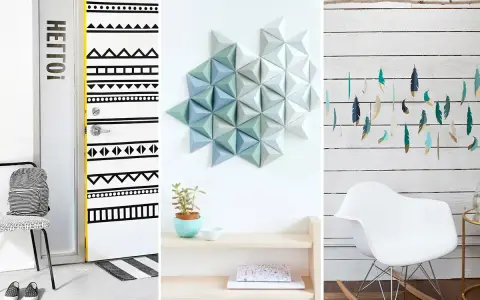 Inspiracje na diy - zrób to sam dekoracje: drzwi w etniczne wzory, geometryczna ozdoba na ścianę, piórka wiszące na gałęzi.