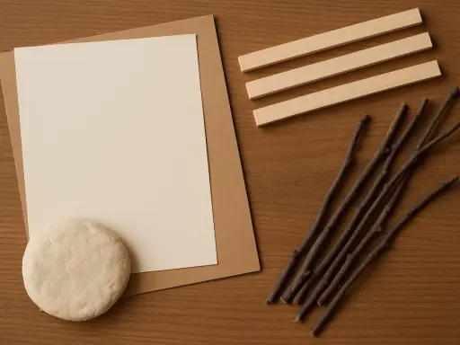 Materiały do stworzenia ramki z papieru: papier, masa plastyczna, patyczki i listewki.