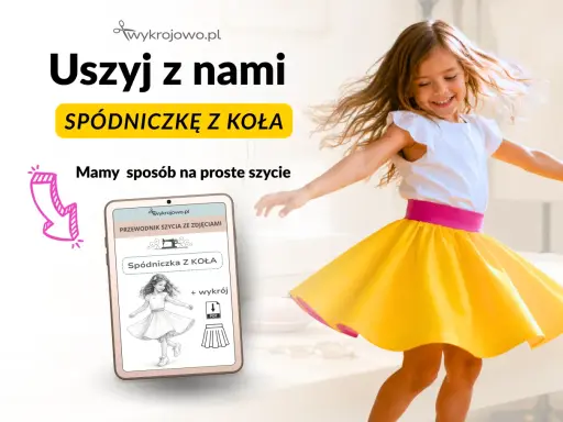 Dziewczynka w żółtej spódniczce z koła wiruje radośnie. Na ekranie telefonu widoczny jest przewodnik szycia tej spódniczki.