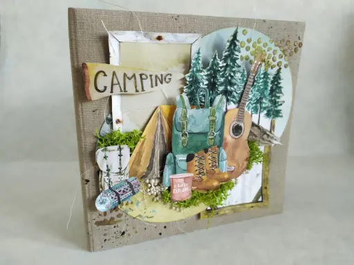 Scrapbooking pomysły na przygodę: plecak, namiot, gitara i buty trekkingowe. Idealne na wspomnienia z campingu.