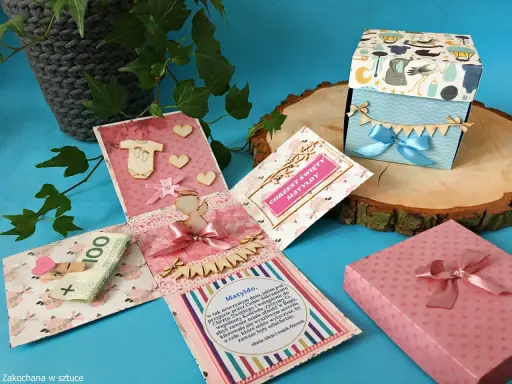 Exploding box na chrzest Matyldy, z życzeniami i pieniędzmi. Jak zrobić taki prezent?