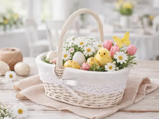 Inspiracja, jak ozdobić koszyczek wielkanocny: uroczy kurczaczek, pisanki, tulipany i stokrotki w białym, plecionym koszyku.