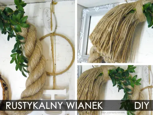 Ręcznie robione cuda ze sznurka jutowego: rustykalny wianek z zielonymi liśćmi i ozdobną ramką.
