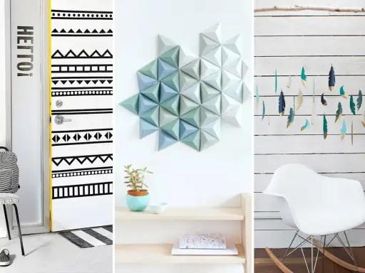 Inspiracje na diy - zrób to sam dekoracje: drzwi w etniczne wzory, geometryczna ozdoba na ścianę, piórka wiszące na gałęzi.