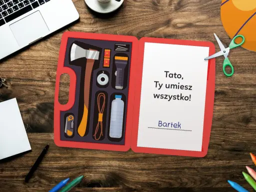 Otwarta kartka urodzinowa dla taty, jak zrobić: zawiera narzędzia i napis "Tato, Ty umiesz wszystko!".