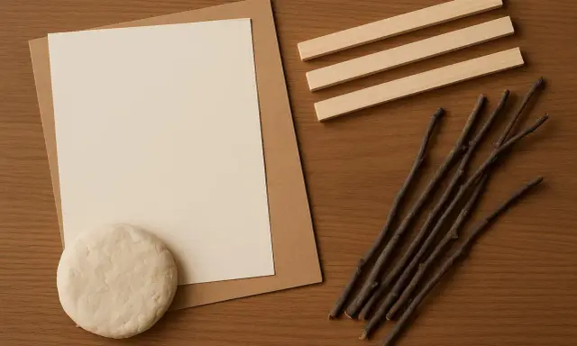 Materiały do stworzenia ramki z papieru: papier, masa plastyczna, patyczki i listewki.