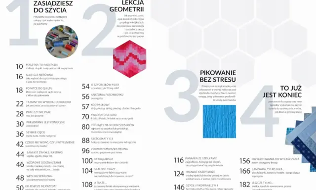 Patchwork to sztuka tworzenia z kawałków materiału. Zobacz, jak zszywać paski, kwadraty, trójkąty i sześciokąty.