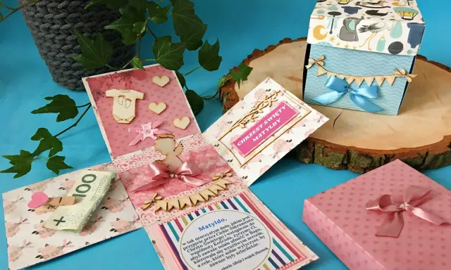 Exploding box na chrzest Matyldy, z życzeniami i pieniędzmi. Jak zrobić taki prezent?