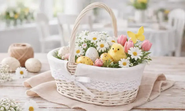 Inspiracja, jak ozdobić koszyczek wielkanocny: uroczy kurczaczek, pisanki, tulipany i stokrotki w białym, plecionym koszyku.