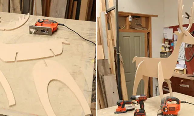 Drewniany renifer DIY w trakcie tworzenia. Na stole leżą wycięte elementy, wyrzynarka i wkrętarka.