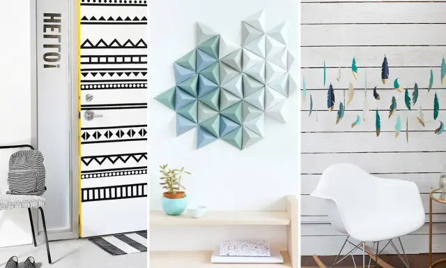 Inspiracje na diy - zrób to sam dekoracje: drzwi w etniczne wzory, geometryczna ozdoba na ścianę, piórka wiszące na gałęzi.
