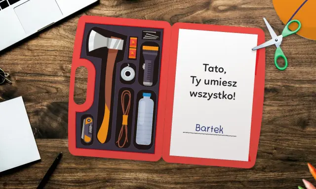Otwarta kartka urodzinowa dla taty, jak zrobić: zawiera narzędzia i napis "Tato, Ty umiesz wszystko!".