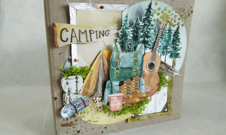 Scrapbooking pomysły na przygodę: plecak, namiot, gitara i buty trekkingowe. Idealne na wspomnienia z campingu.
