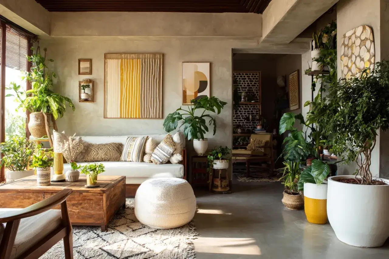 Salon w stylu boho z mn&oacute;stwem roślin. Inspiracje na diy - zr&oacute;b to sam dekoracje: makramy, plecione poduszki, obrazy.
