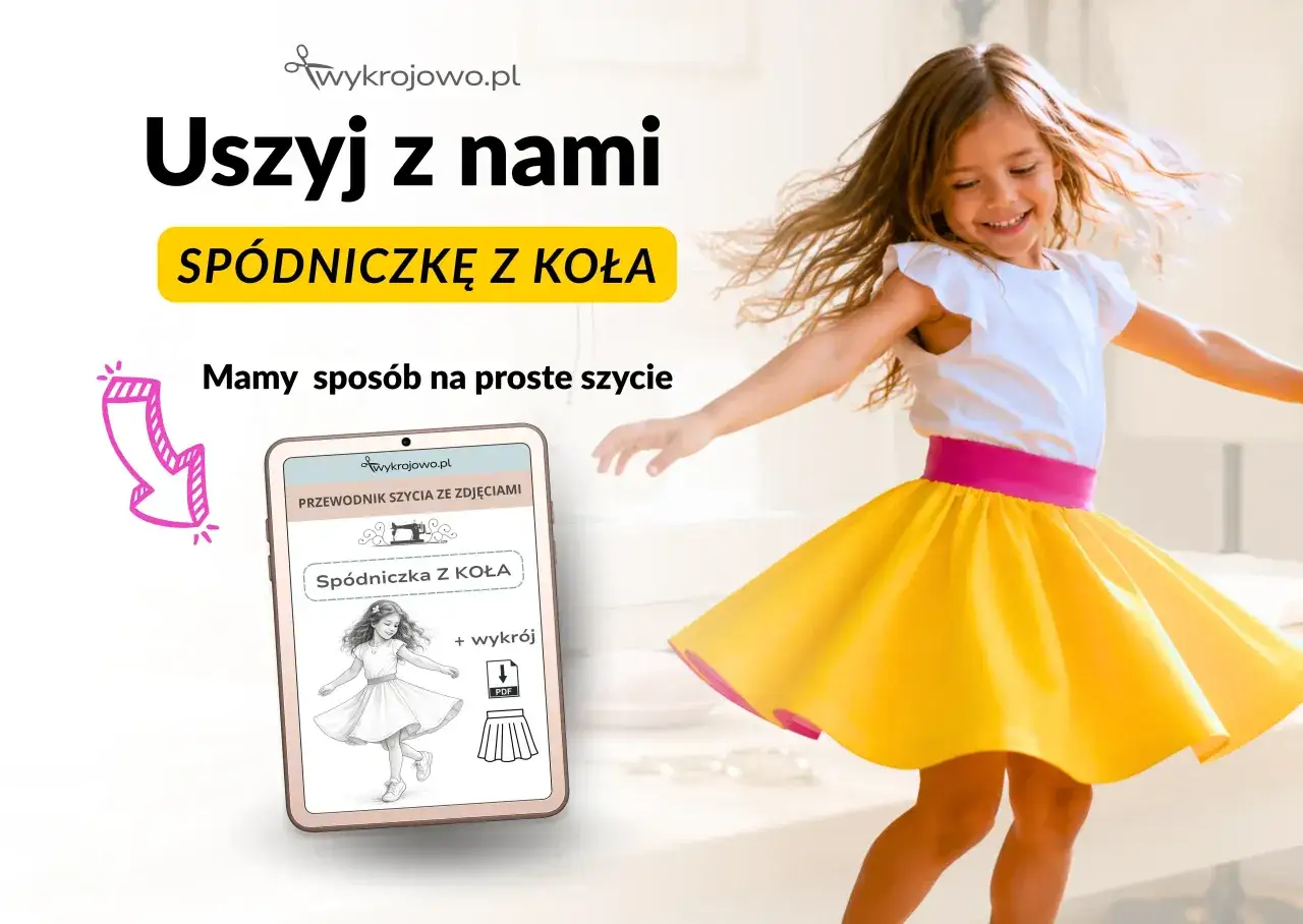 Dziewczynka w ż&oacute;łtej sp&oacute;dniczce z koła wiruje radośnie. Na ekranie telefonu widoczny jest przewodnik szycia tej sp&oacute;dniczki.